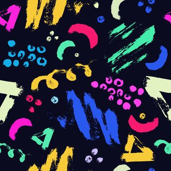 Vector colorful seamless pattern with brush strokes and dots. Pink blue yellow green color on black background. Hand painted grange texture. Ink geometric elements. Fashion modern style. Unusual