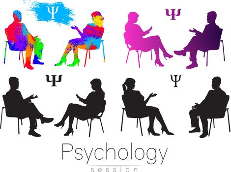 The psychologist and the client. Psychotherapy. Psycho therapeutic session. Psychological counseling. Man woman talking while sitting. Silhouette.Black profile. Modern symbol logo. Design concept sign