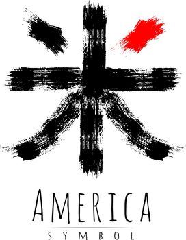Hieroglyph symbol Japan word America. Brush painting strokes. Black red color. Black and red color stripes sign Kome. Vector illustration. Hieroglyph on white background. Vertical hieroglyphs