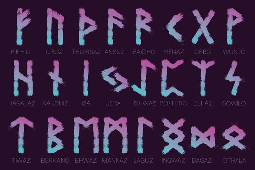 Set Rune Scandinavia are riches vector illustration. Symbol of Futhark letters. Brush stripes with trend gradient blue pink color on blur dark background. Magic and mystery sign. Spiritual