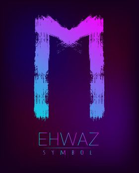 Rune Scandinavia is a Ehwaz riches vector illustration. Symbol of Futhark letters. Brush stripes with trend gradient blue pink color on blur dark background. Magic and mystery sign. Spiritual