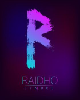 Rune Scandinavia is a Raidho riches vector illustration. Symbol of Futhark letters. Brush stripes with trend gradient blue pink color on blur dark background Magic and mystery sign. Spiritual esoteric