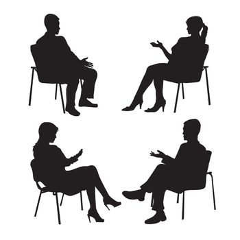 Set of psychologist and the client. Psychotherapy. Psycho therapeutic session. Psychological counseling. Man woman talking while sitting. Silhouette.Black profile.