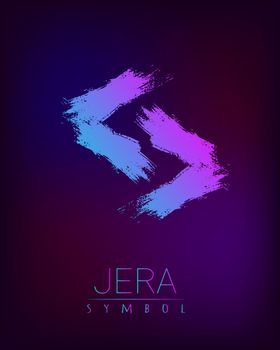 Rune Scandinavia is a Gera riches vector illustration. Symbol of Futhark letters. Brush stripes with trend gradient blue pink color on blur dark background. Magic and mystery sign. Spiritual