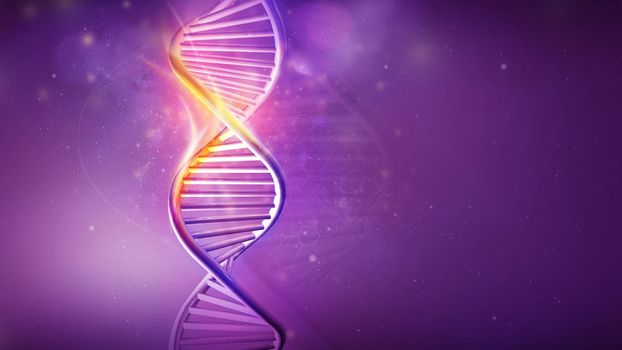 DNA helix model on a violet background, 3D render.