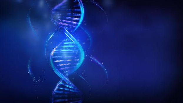 Luminous DNA strands on a dark blue background, 3D render.