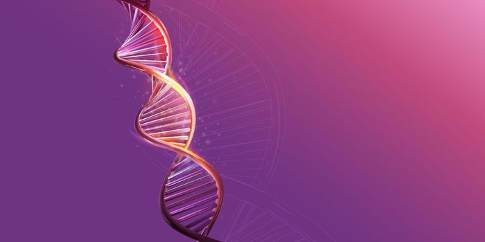 DNA double helix model on a purple background.