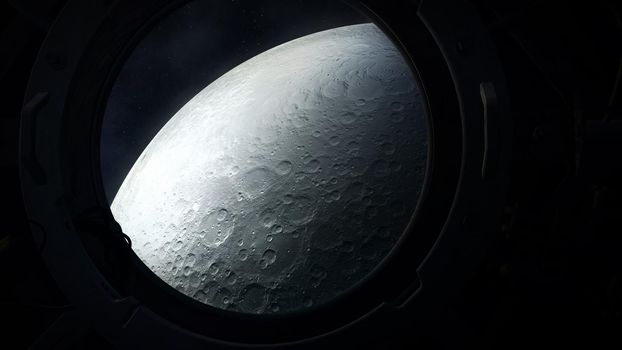 The gray surface of the moon from the porthole of a spacecraft.