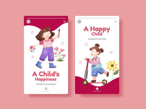Instagram template with happy children concept,watercolor style