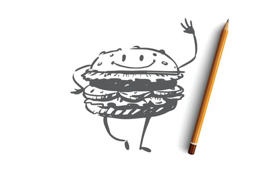 Hamburger, beef, meal, fast food, eat concept. Hand drawn isolated vector.
