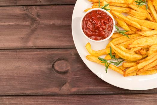 plate with yummy french fries ketchup. High quality photo