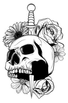 tattoo skull with roses and knife vector illustration