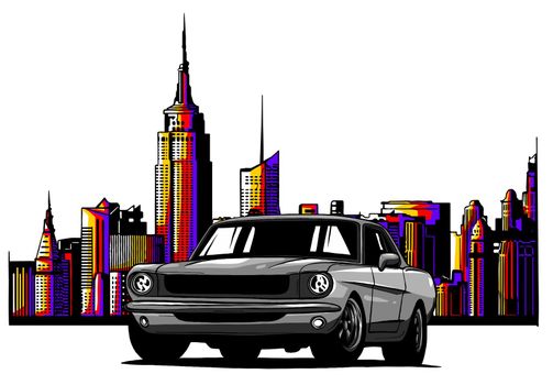 old racing car with grunge city background