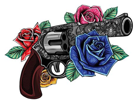 drawing of a gun with colored roses