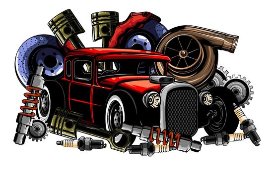 Car system. spare parts. realistic car. vector illustration