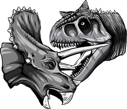 monochromatic Vector tracing of dinosaur Tyrannosaurus is fighting Triceratops in watercolor style