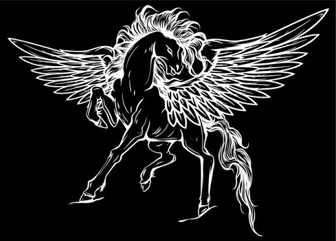 white pegasus, mythological winged horse, illustration silhouette in black background