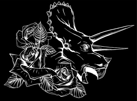 dinosaur and roses silhouette in black background. vector design. Concept art drawing.