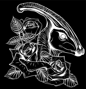 dinosaur and roses silhouette in black background. vector design. Concept art drawing.