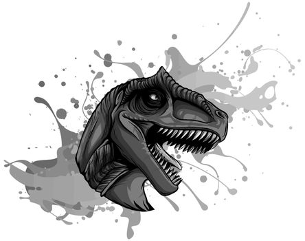 monochromatic vector illustration of a T Rex, Tyrannosaurus Rex dinosaur ripping through a wall