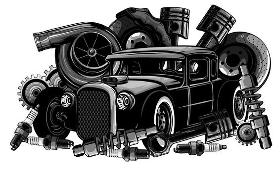 monochromatic Vintage car components collection witn automobile motor engine piston steering wheel tire headlights speedometer gearbox shock absorber isolated vector illustration