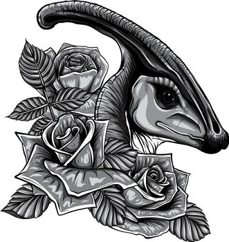 monochromatic dinosaur and roses frame. vector design. Concept art drawing.