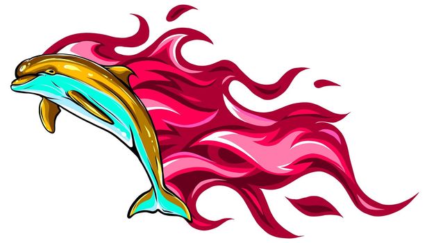 Set of two fiery dolphins. Vector illustrations. Tattoos.