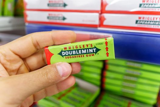 Volzhsky, Russia-September 21, 2021: Doublemint and Spearmint chewing gums made by Wrigley. Logo