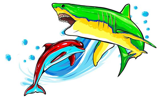 illustration Dolphin and Shark. Funny cartoon and vector isolated characters.
