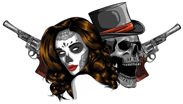 Vector illustration gangster with gun and woman