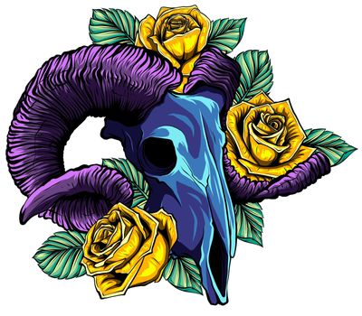 Hand Drawn goat skull with roses doodle vector illustration.