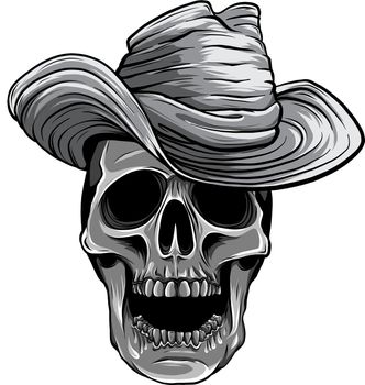 monochromatic Vector illustration of Cowboy skull with hat