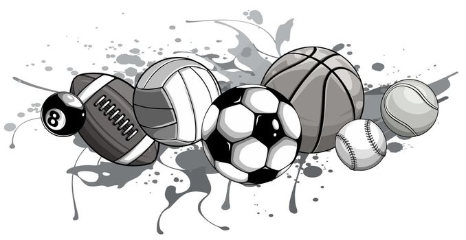 monochromatic Sport balls on water background. Vector illustration