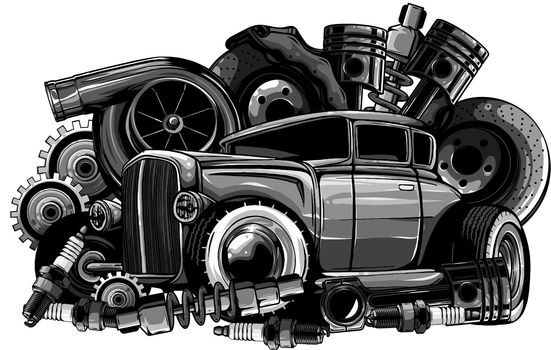 monochromatic Vintage car components collection witn automobile motor engine piston steering wheel tire headlights speedometer gearbox shock absorber isolated vector illustration