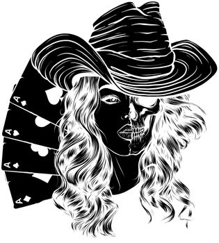black silhouette of Attractive skull Cowgirl With with poker ace