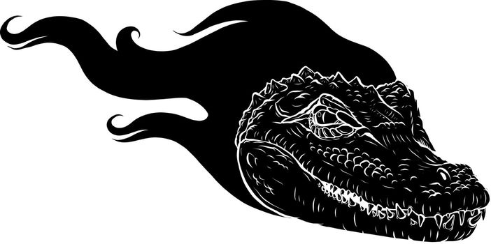 black silhouette of Vector illustration, a ferocious alligator head with flames