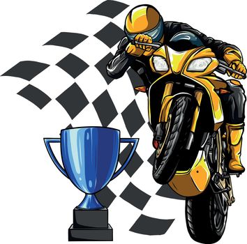 Riders on sport motorbike with cup and race flag