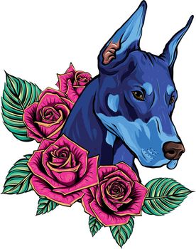 vector Dobermann dog face with red roses