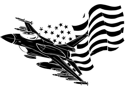 black silhouette of Military fighter jets with american flag. Vector illustration