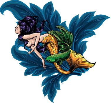 Beauty blue haired siren mermaid vector illustration