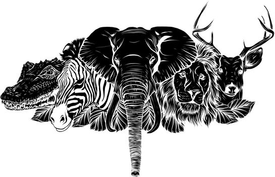 black silhouette of Cartoon african wild animals on white background
