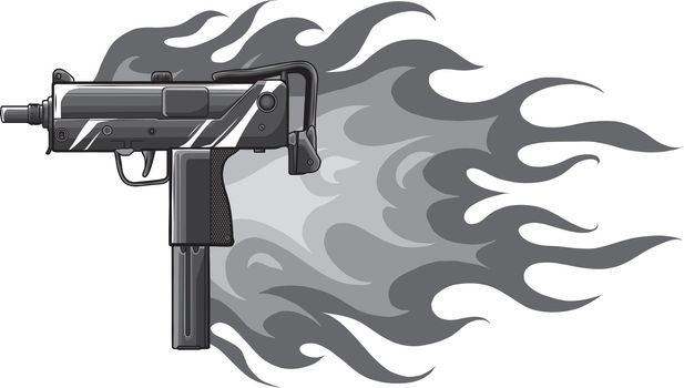 Vector illustration of a uzi gun with flames
