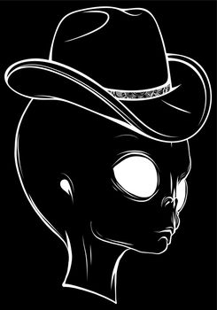 white silhouette of alien head with hat on black background
