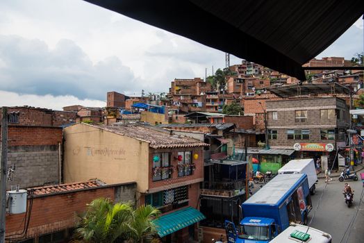 Slums of Medellin, Colombia with view of old houses.