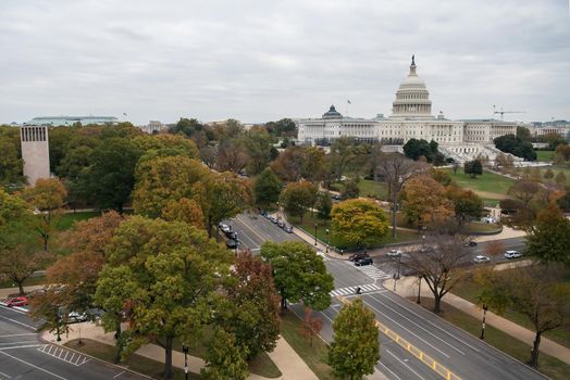Capitol building Washington DC skyline with trees