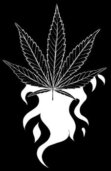 white silhouette of leaf hemp from red flame on black background