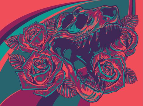illustration tyrannosaurus rex and roses frame. Tattoo design.