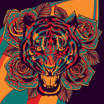 vector illustration of roaring tiger head and roses