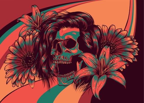 illustration Human skull with flower colore background