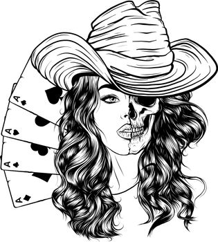 draw in black and white of Attractive skull Cowgirl With with poker ace